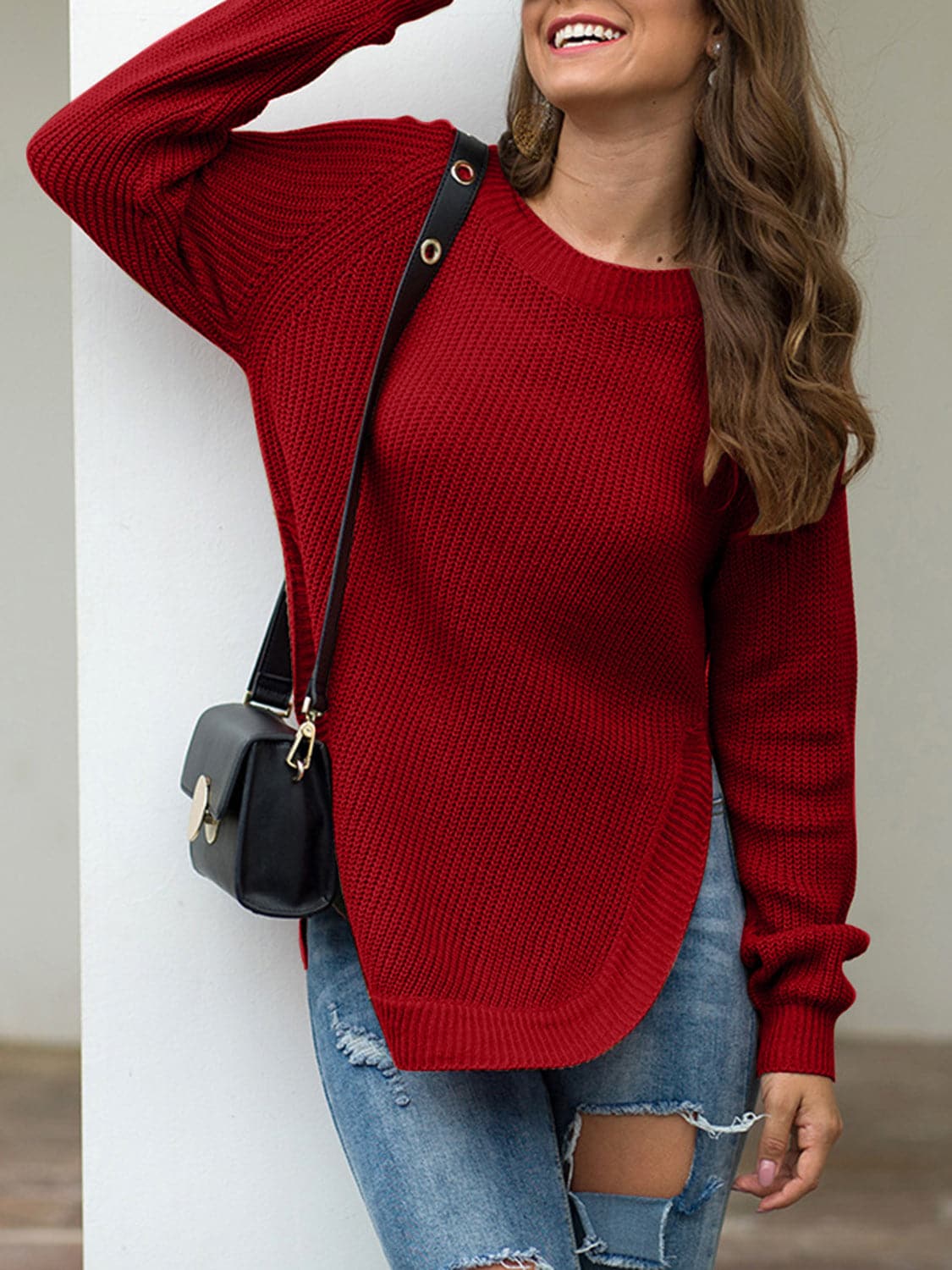 Slit Round Neck Long Sleeve Sweater.