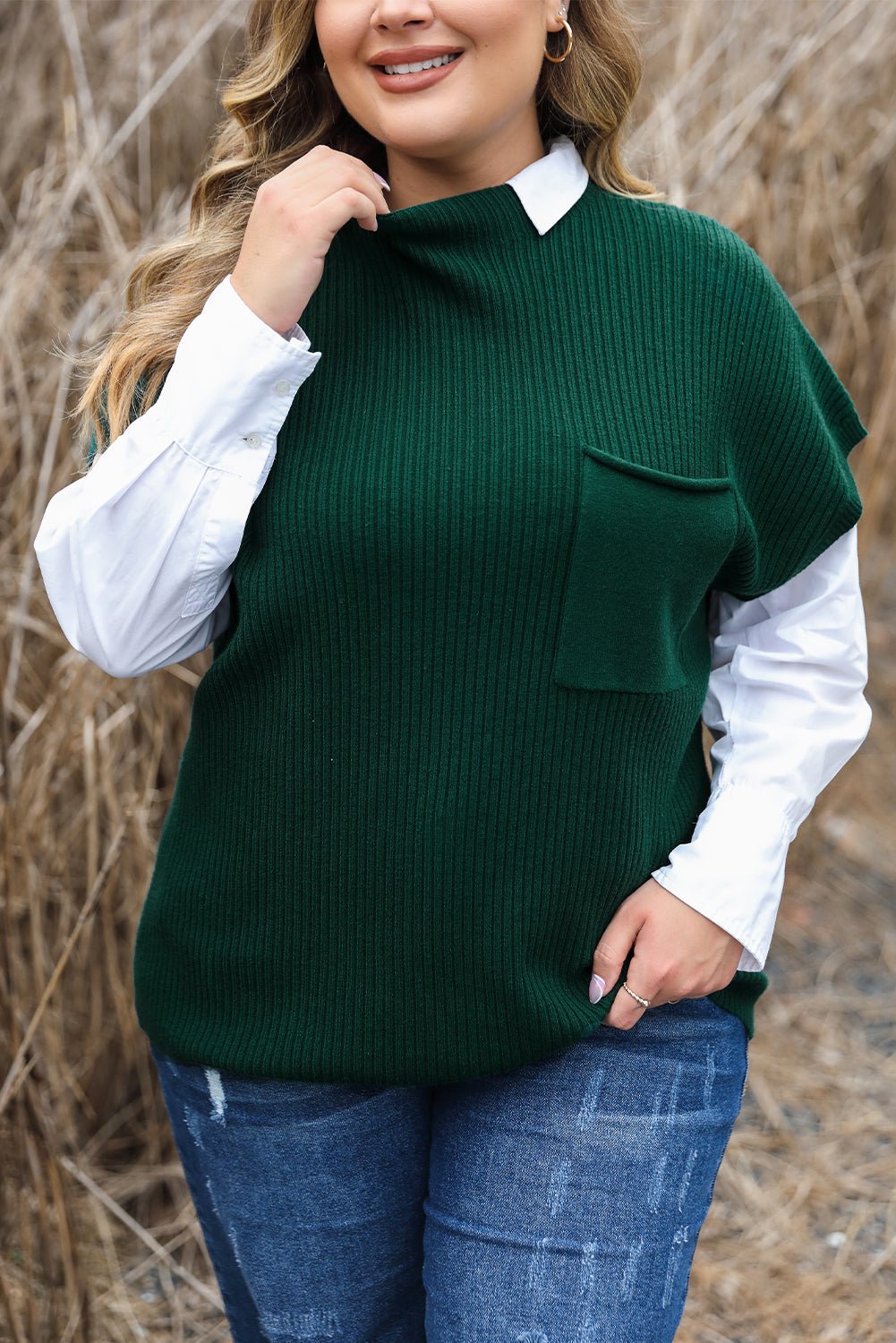 Cozy jungle green plus size mock neck sweater with chest pocket