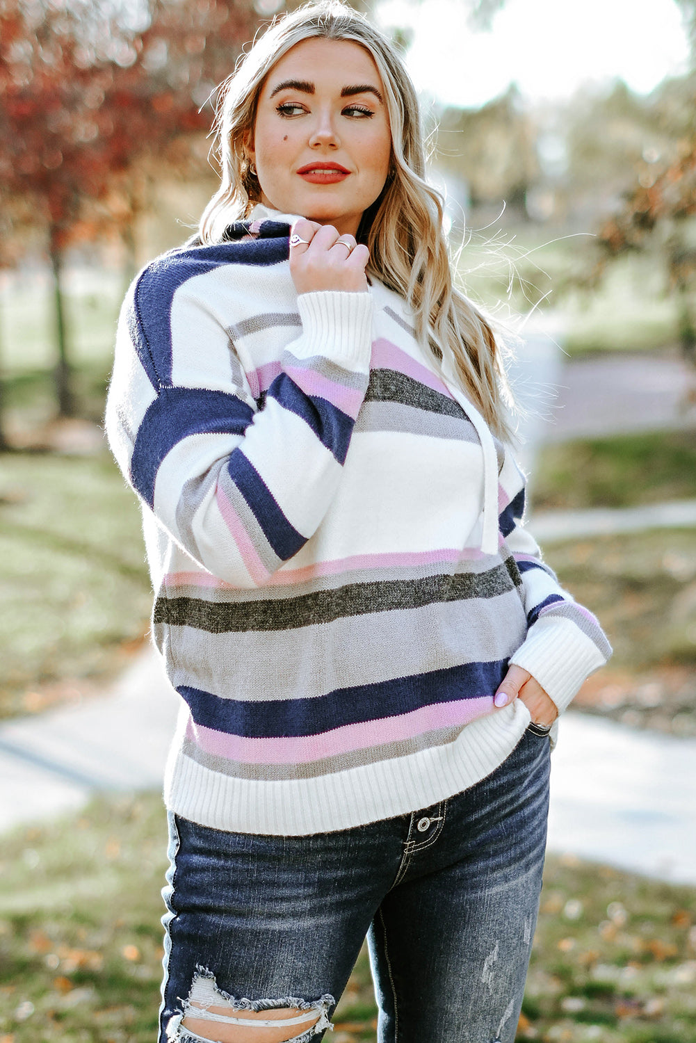 Cozy Plus Size Hooded Striped Knit Sweater