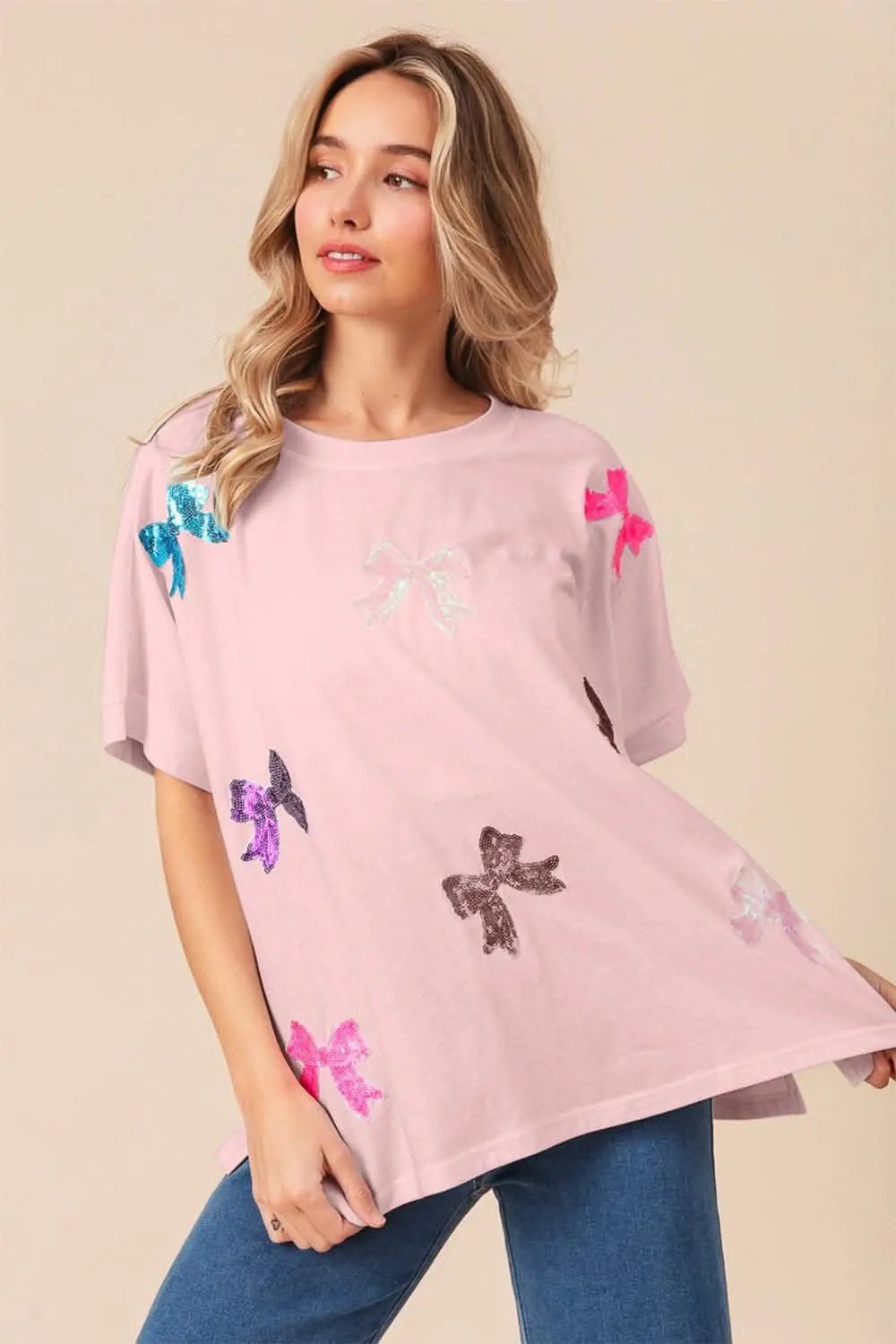 BiBi Sequin Bow Patch Short Sleeve T-Shirt - Love Salve 