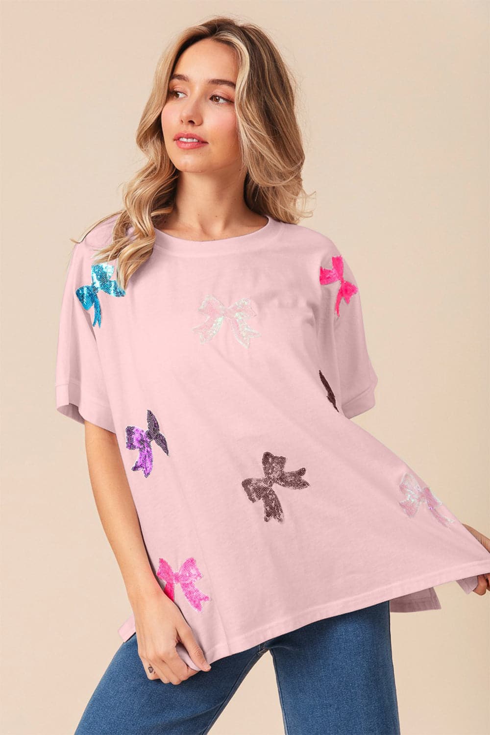 BiBi Sequin Bow Patch Short Sleeve T-Shirt.