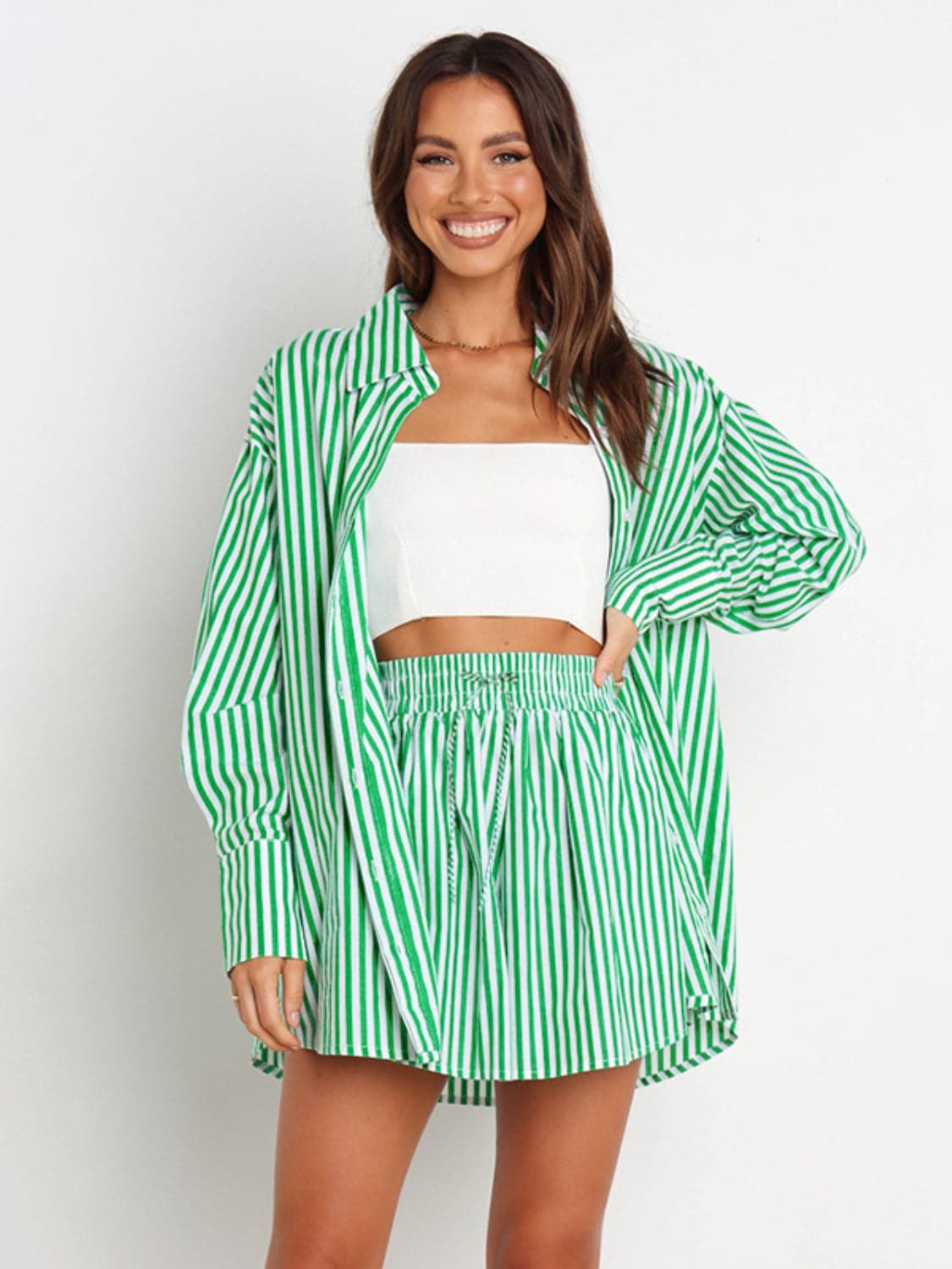 Striped Dropped Shoulder Shirt and Shorts Set.