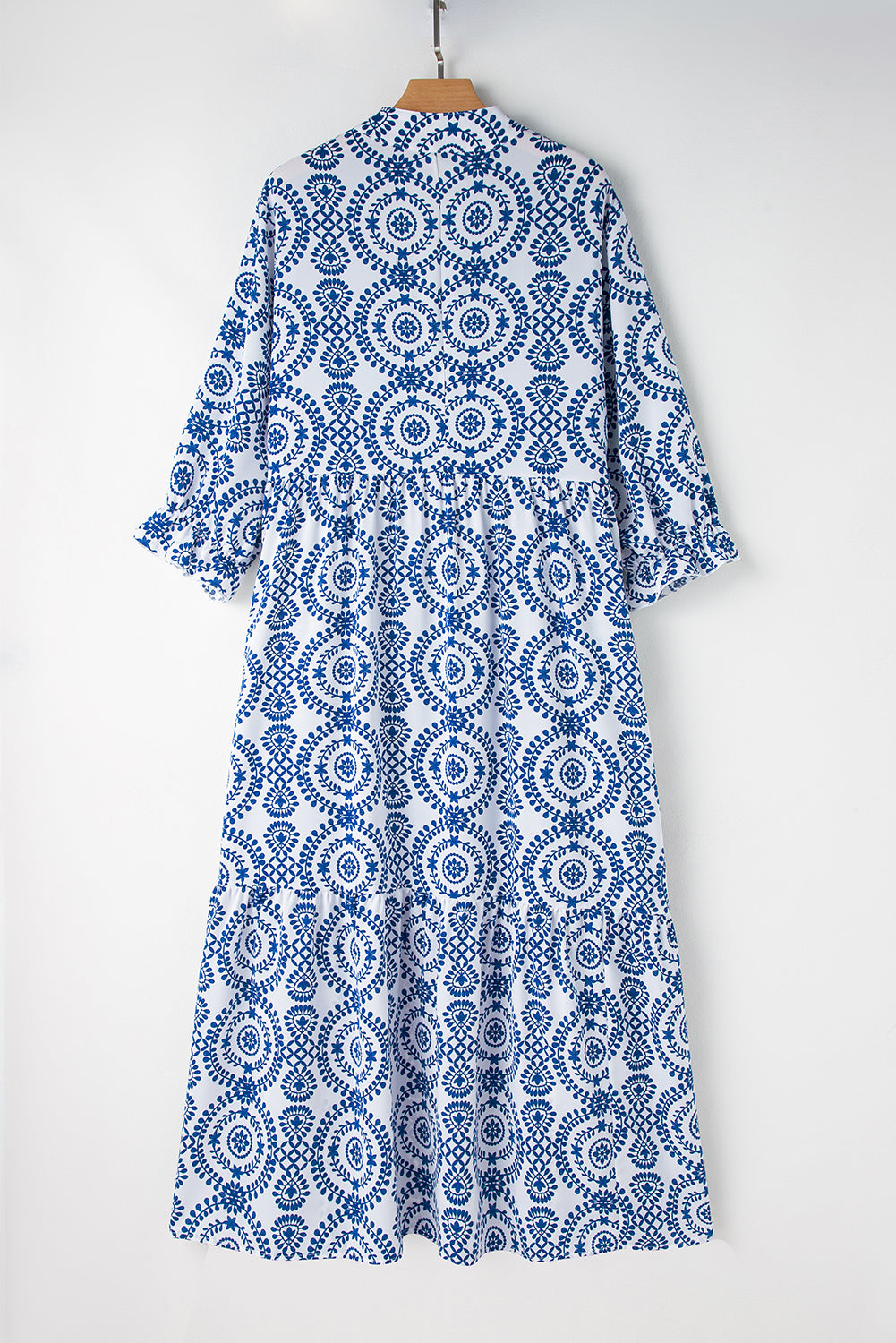 Sky blue geometric lace-up maxi dress with notch neck for plus sizes