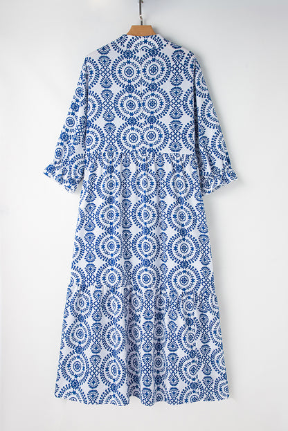 Sky blue geometric lace-up maxi dress with notch neck for plus sizes