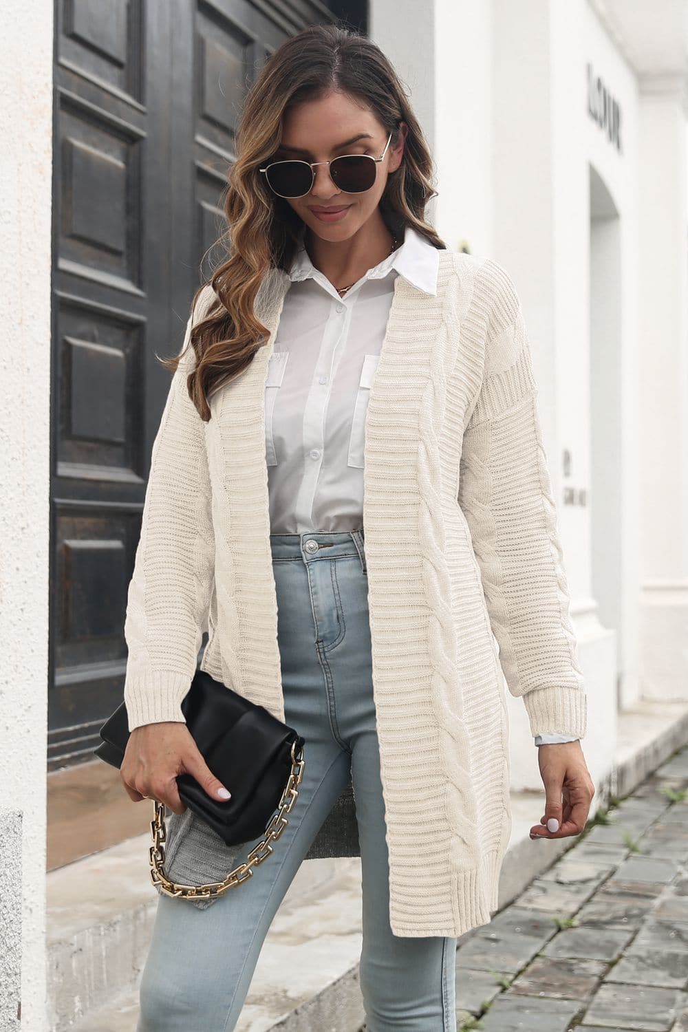 Open Front Cable-Knit Cardigan.