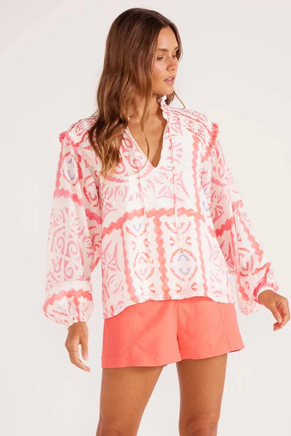 Desert Flower Vintage Print Smocked Poet Collar Blouse