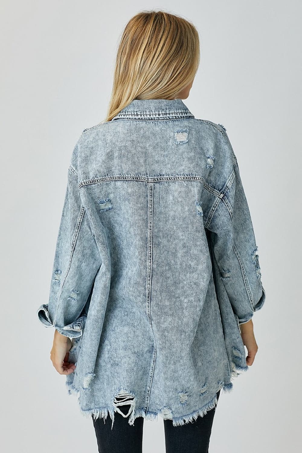 RISEN Distressed Raw Hem Denim Shirt.