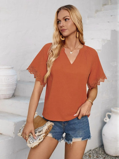 Lace Detail Notched Short Sleeve Blouse.