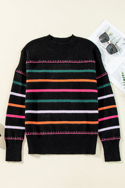 Striped ribbed sweater with colorful accents in black