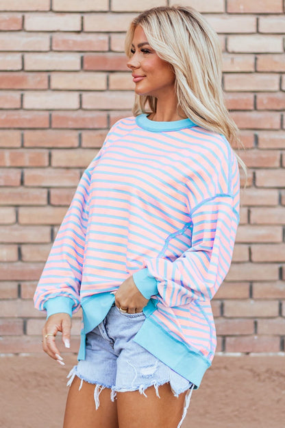 Chic high-low striped long sleeve pullover