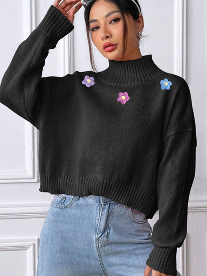 Floral elegance turtleneck long sleeve sweater