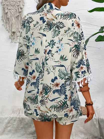 Tassel-Trimmed Printed Top and Shorts Ensemble