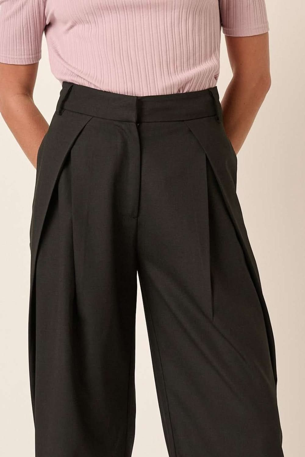 High-Waisted Linen Blend Wide Leg Trousers with Deep Pleats