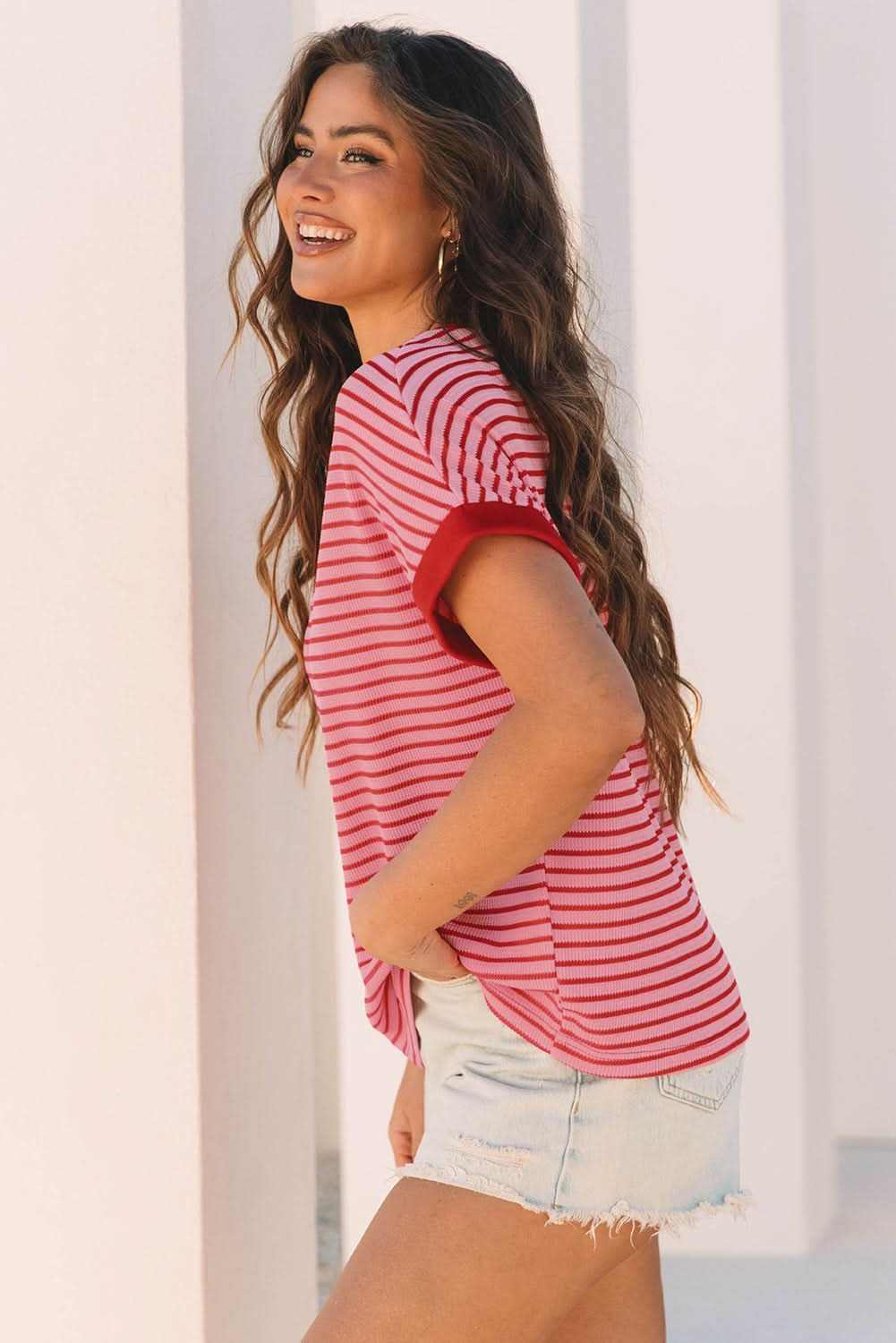 Striped Pink Knit Round Neck T-Shirt for Casual Wear