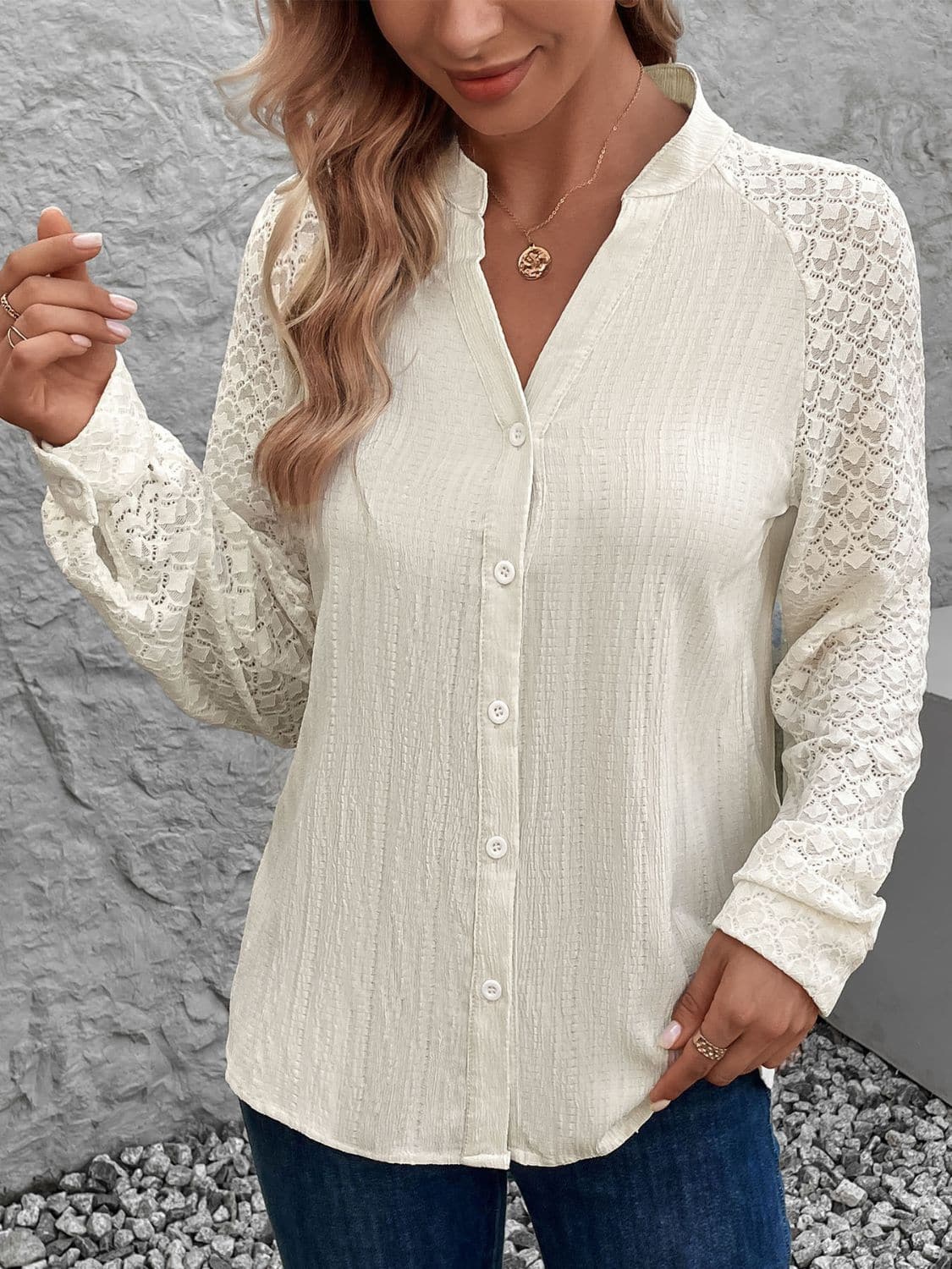 Textured Notched Long Sleeve Shirt.