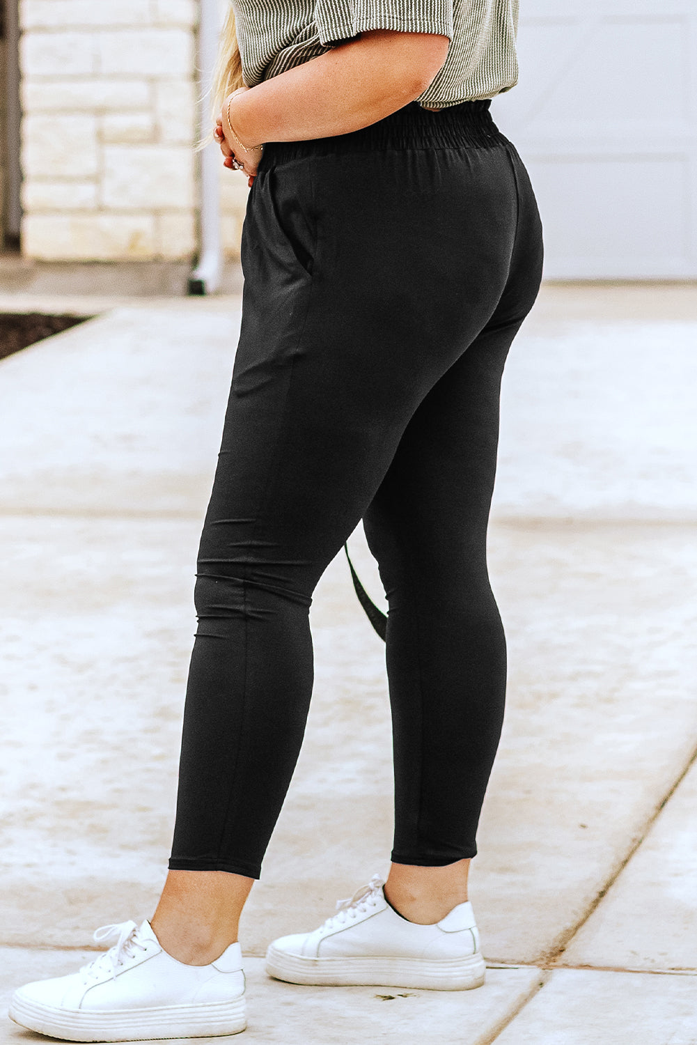 Elegant black plus size high waist frill soft pants with pockets