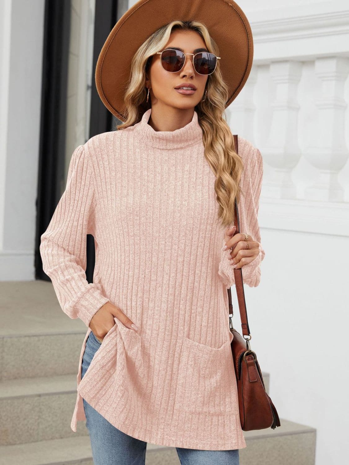 Slit Mock Neck Long Sleeve T-Shirt.