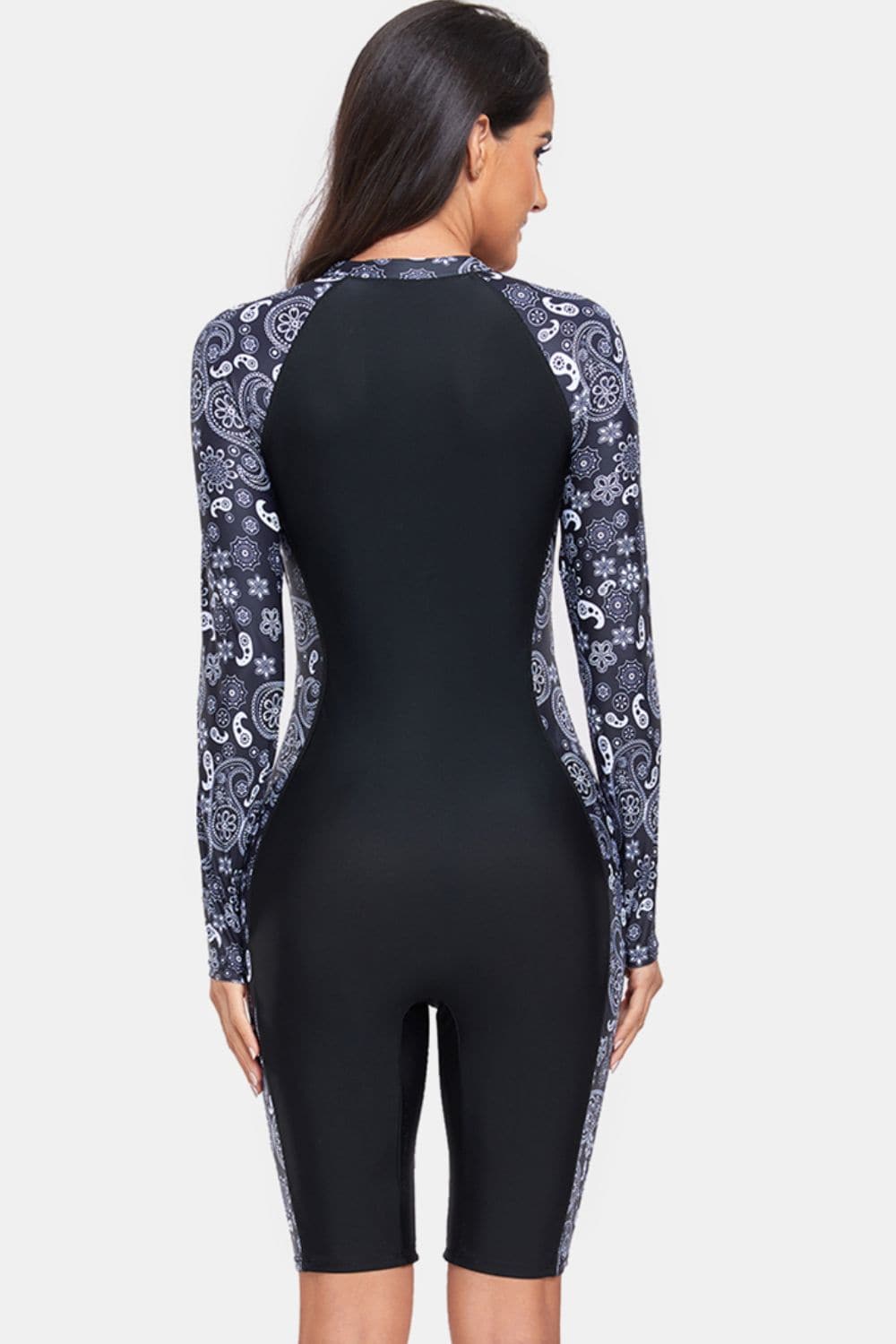 Printed Half Zip Long Sleeve One-Piece Swimwear.