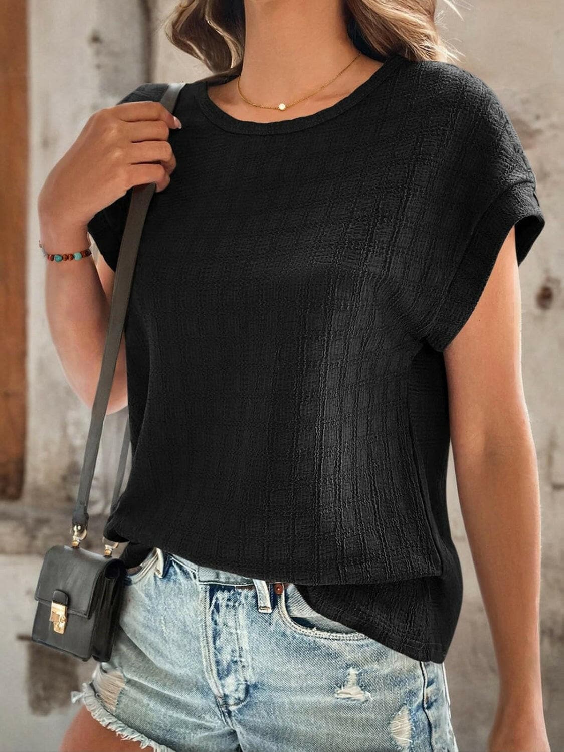 Textured Round Neck Short Sleeve Top.