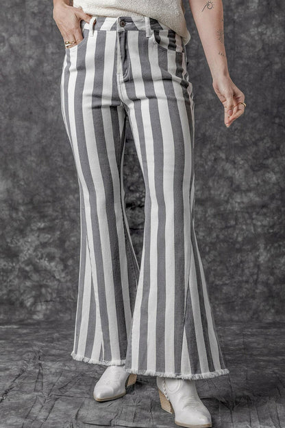 Star Applique Striped Jeans with Raw Hem & Distressed Details.