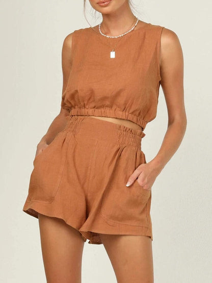 Round Neck Sleeveless Top and Shorts Set.