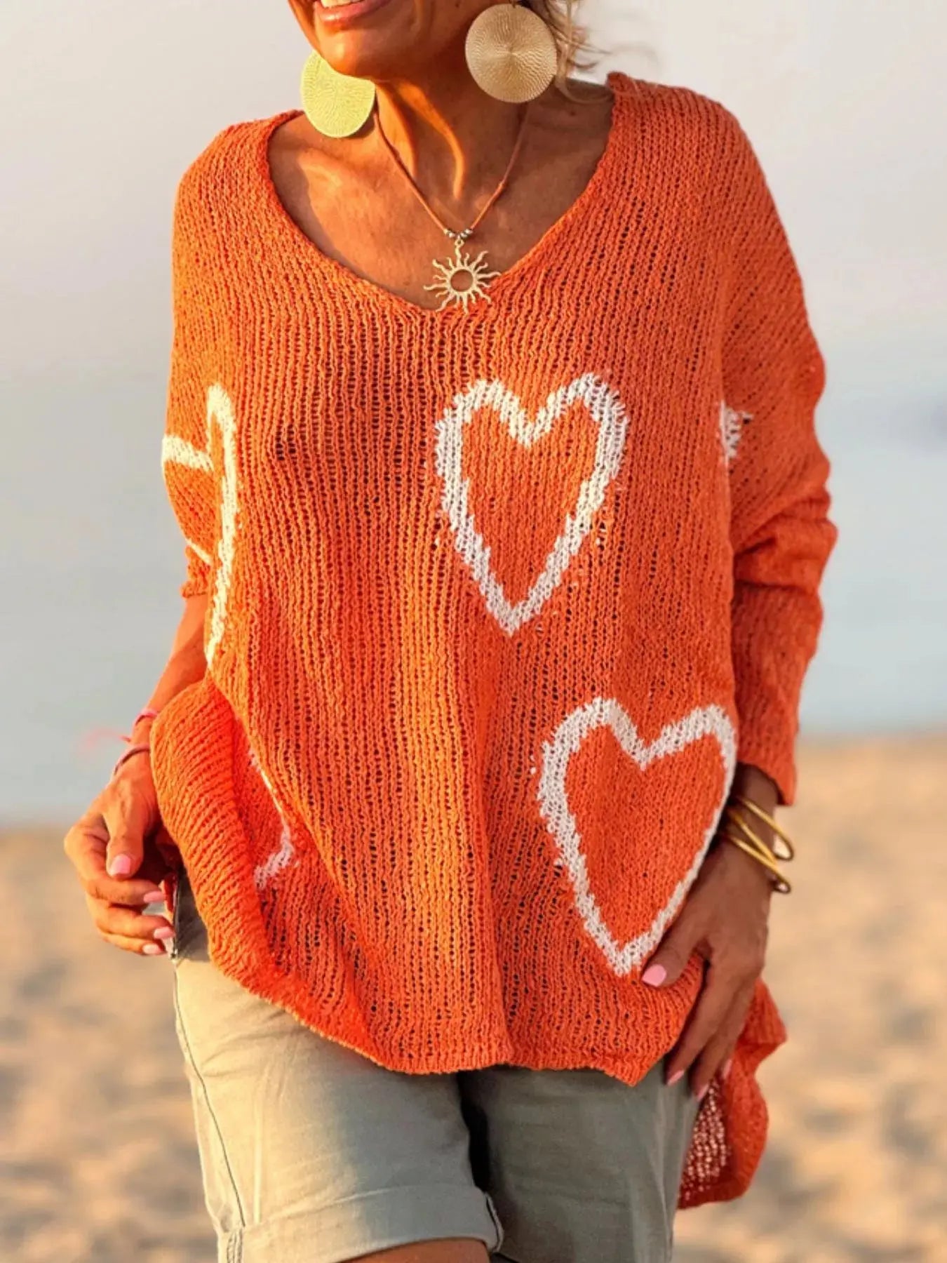 Heart V-Neck Dropped Shoulder Sweater Simply Love
