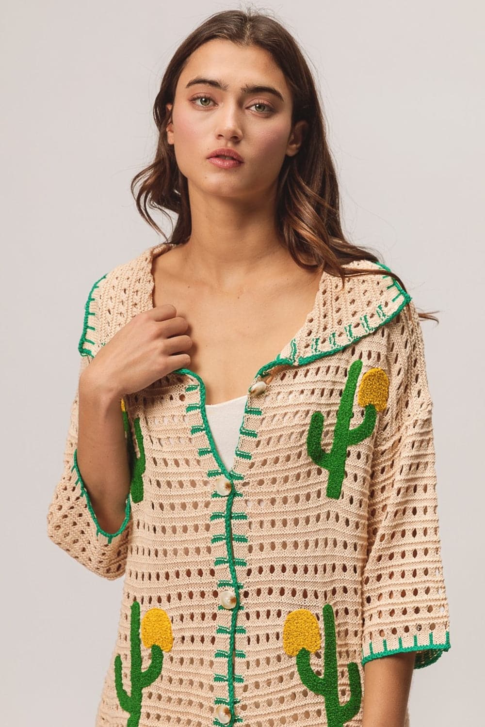 BiBi Edge Stitched Cactus Patch Sweater Cardigan.