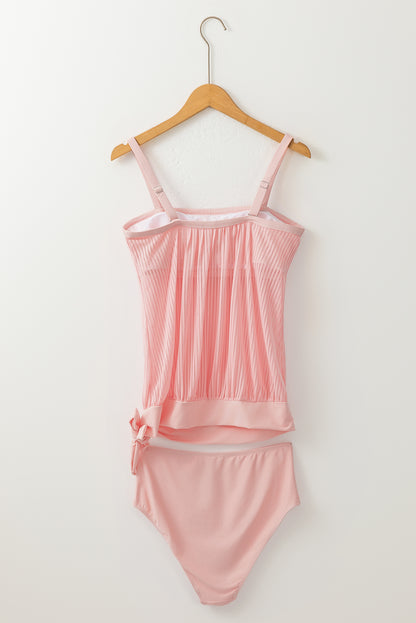 Pink striped knotted hem mesh tankini swimsuit for stylish summer days