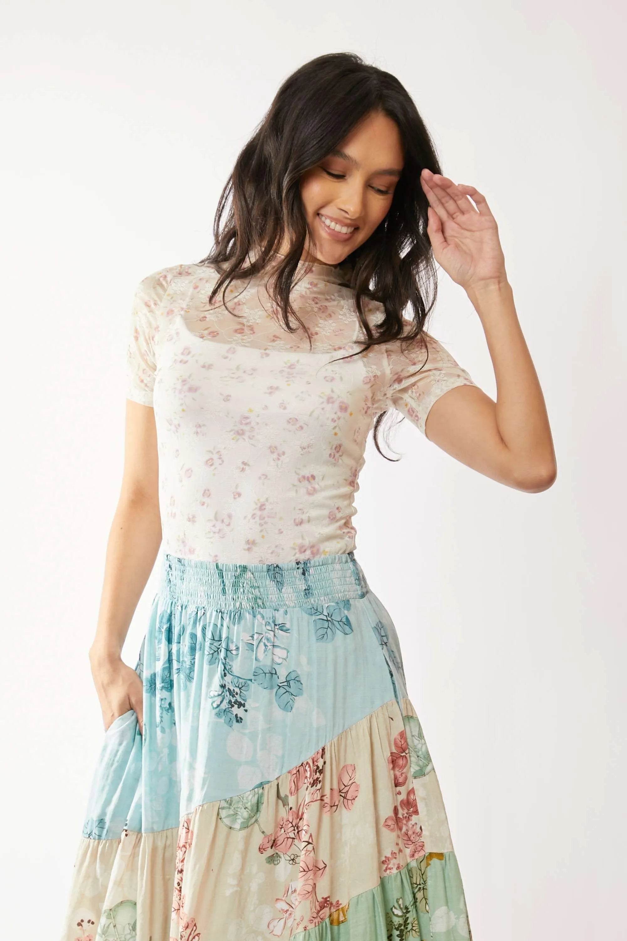 Davi & Dani Floral Mesh Mock Neck Short Sleeve Top - Love Salve 