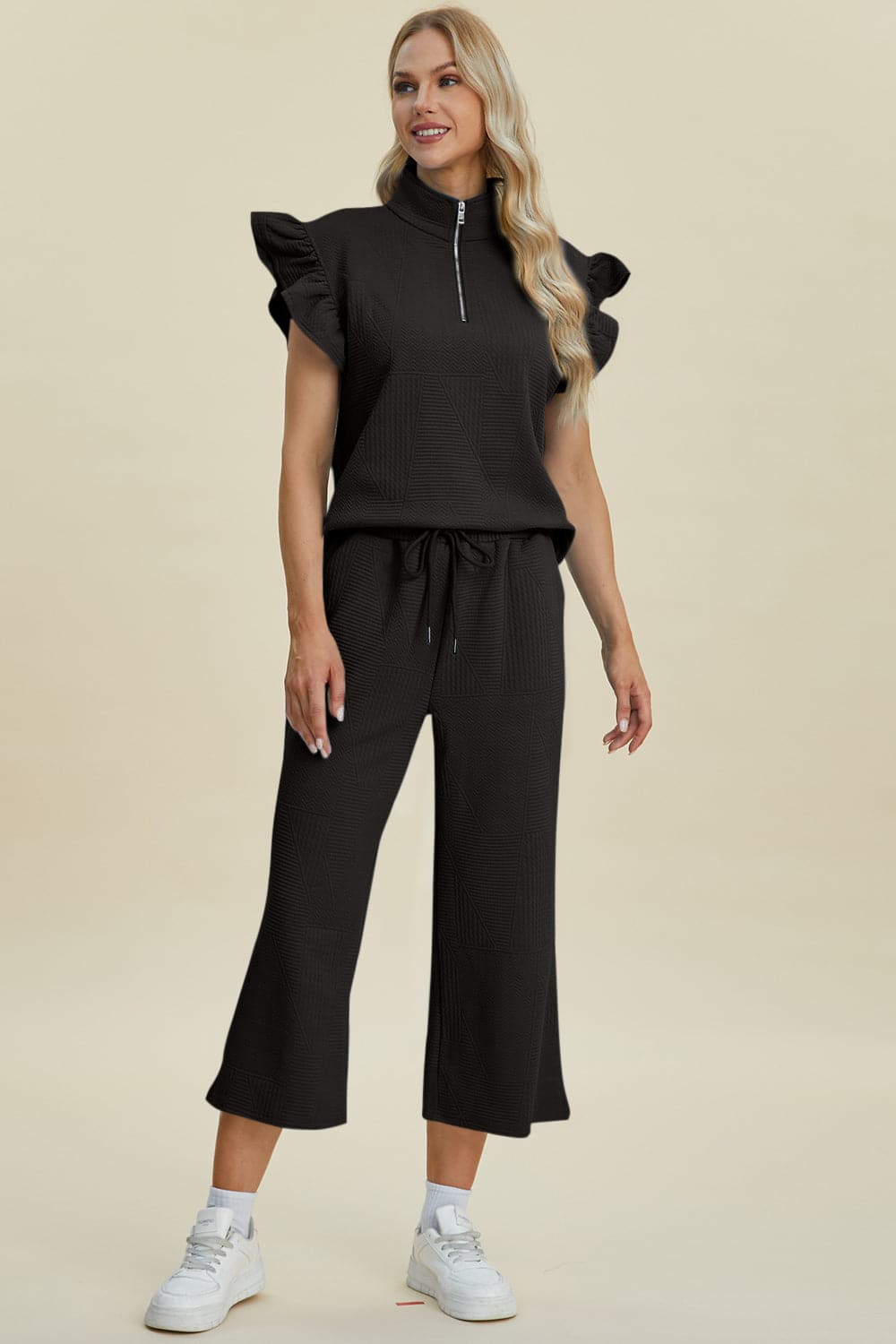 Double Take Full Size Texture Ruffle Short Sleeve Top and Wide Leg Pants Set.