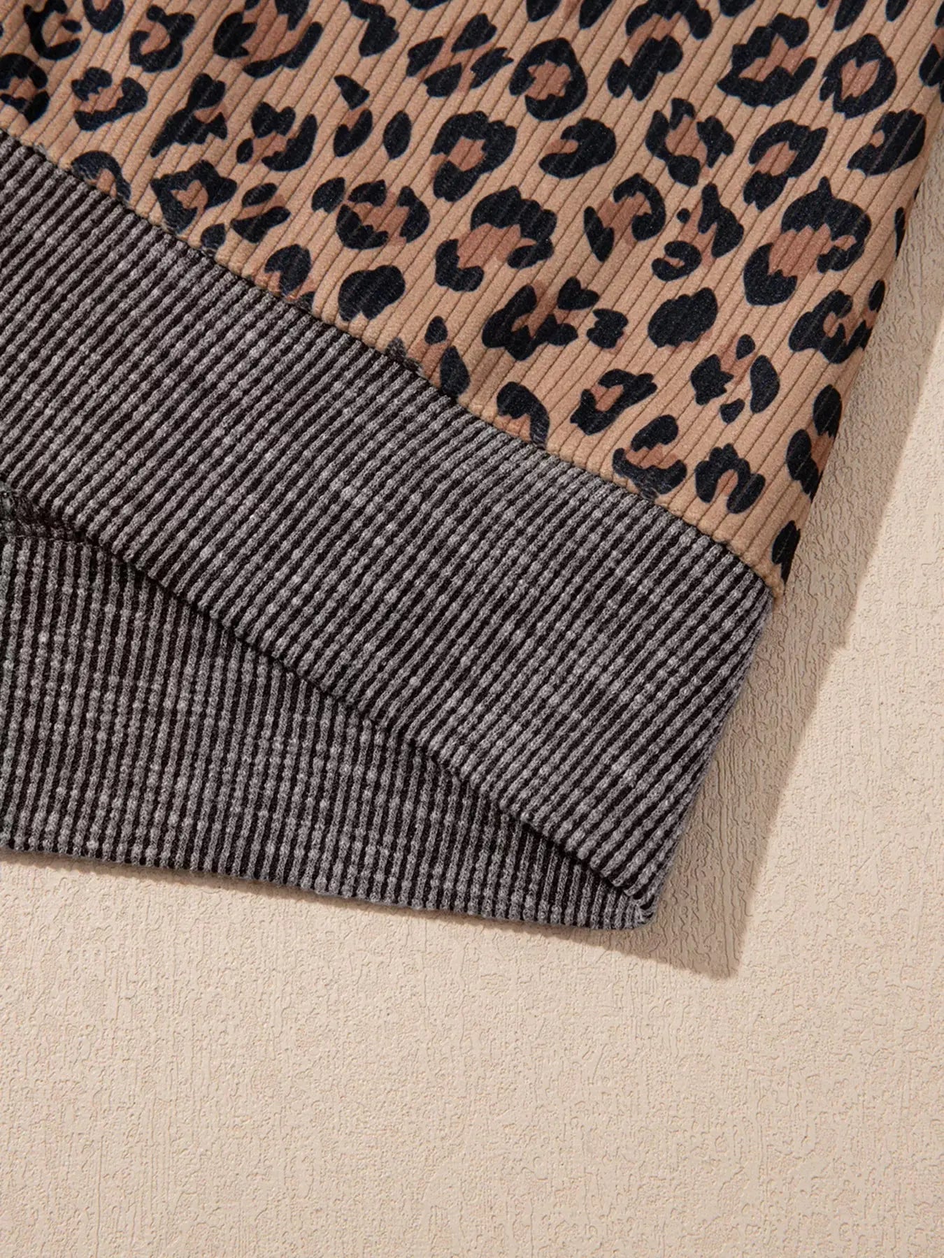 Ribbed Leopard Print Contrast Collar Zip Hoodie Simply Love