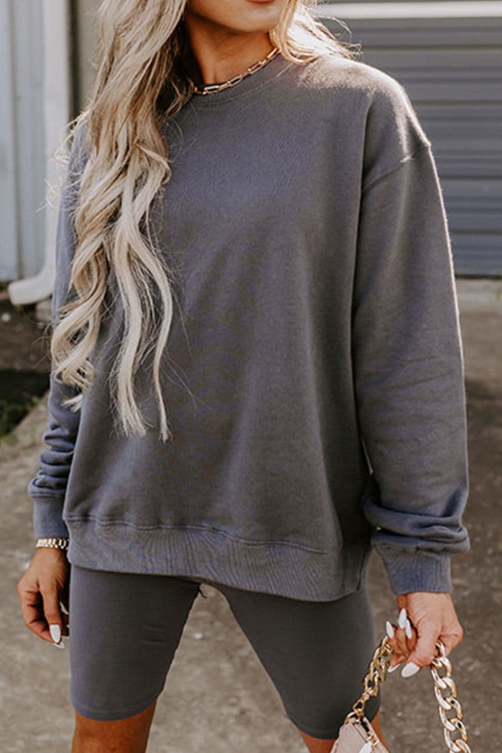 Round Neck Drop Shoulder Sweatshirt and Shorts Set.