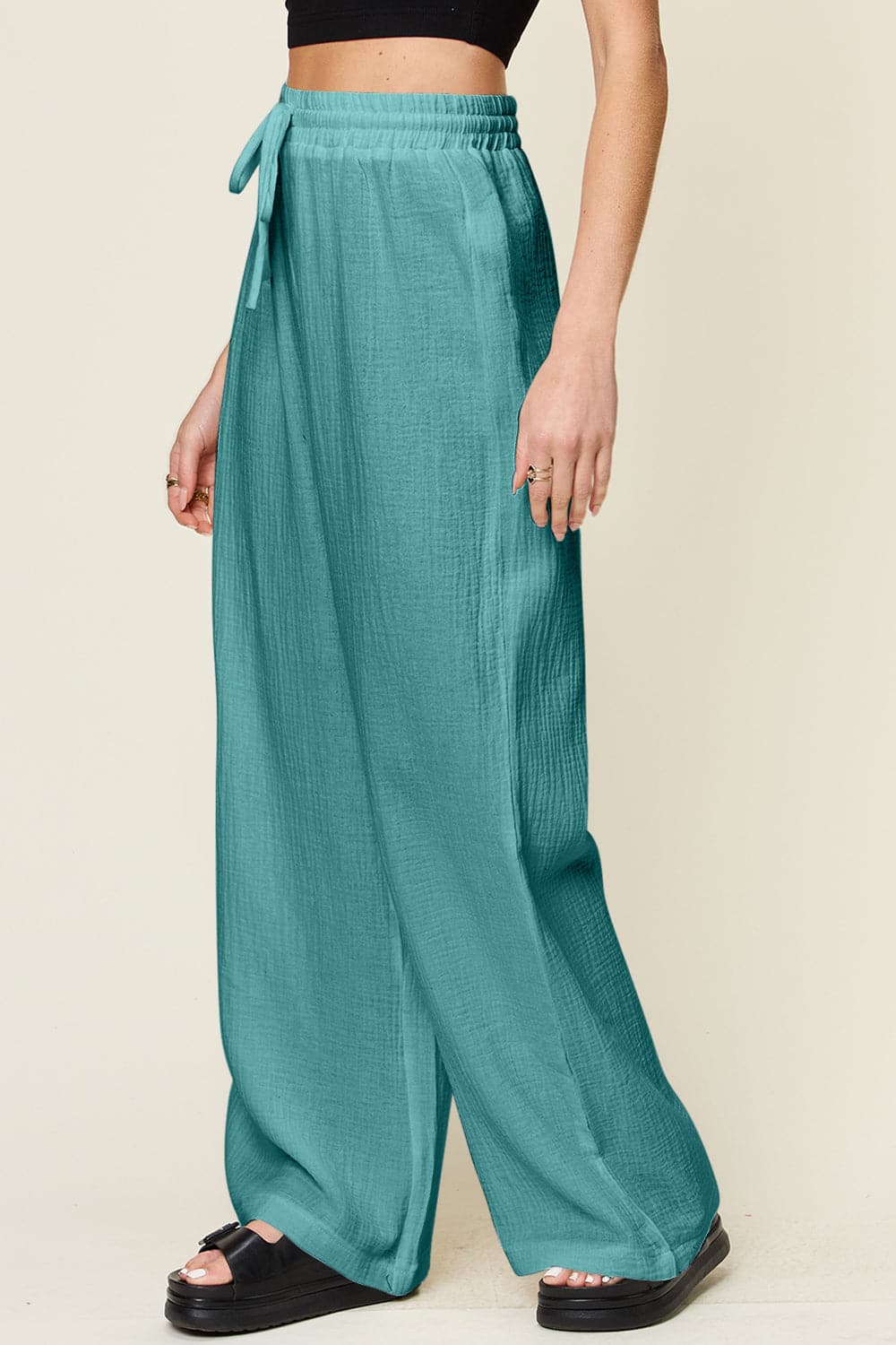 Double Take Full Size Texture Drawstring Wide Leg Pants.