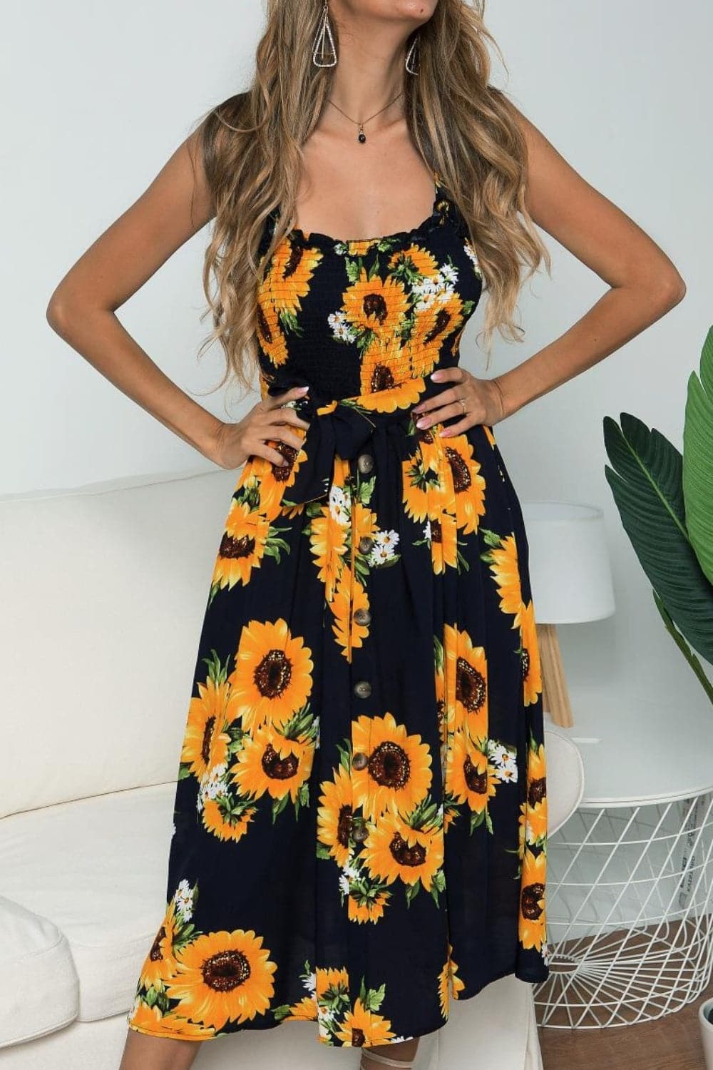 Smocked Sunflower Printed Sleeveless Cami Dress.