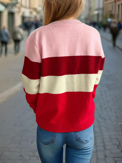 Color Block Round Neck Long Sleeve Sweater