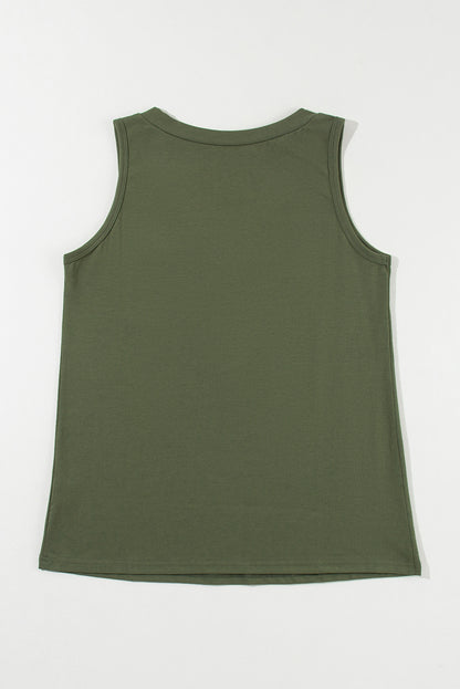 Jungle green v-neck tank top with button detail and patched pocket