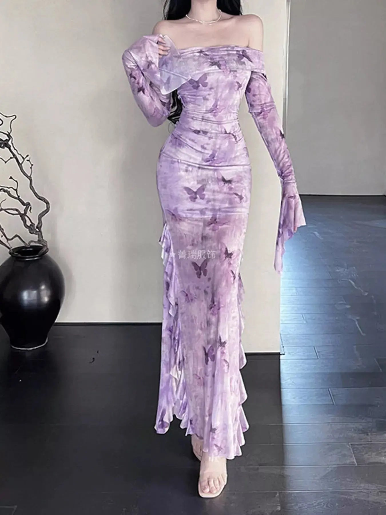 Butterfly Print Off-Shoulder Mesh Mermaid Dress Simply Love