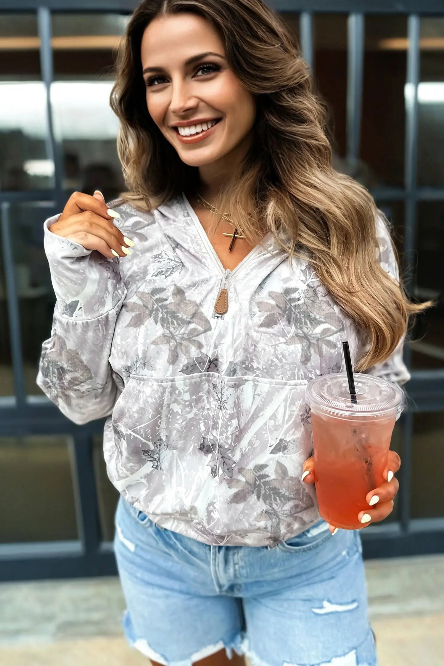 Gray Camo Leaf Print Kangaroo Pocket Quarter Zip Hoodie Dear-Lover Dropshipping