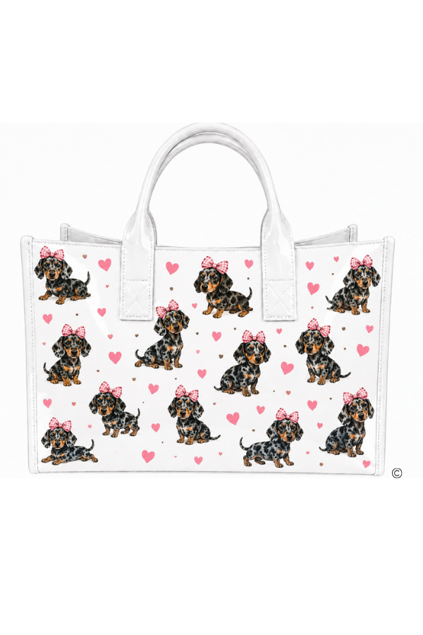 Custom Puppy Love Vinyl Tote Bag Featuring Dachshunds With Pink Hearts