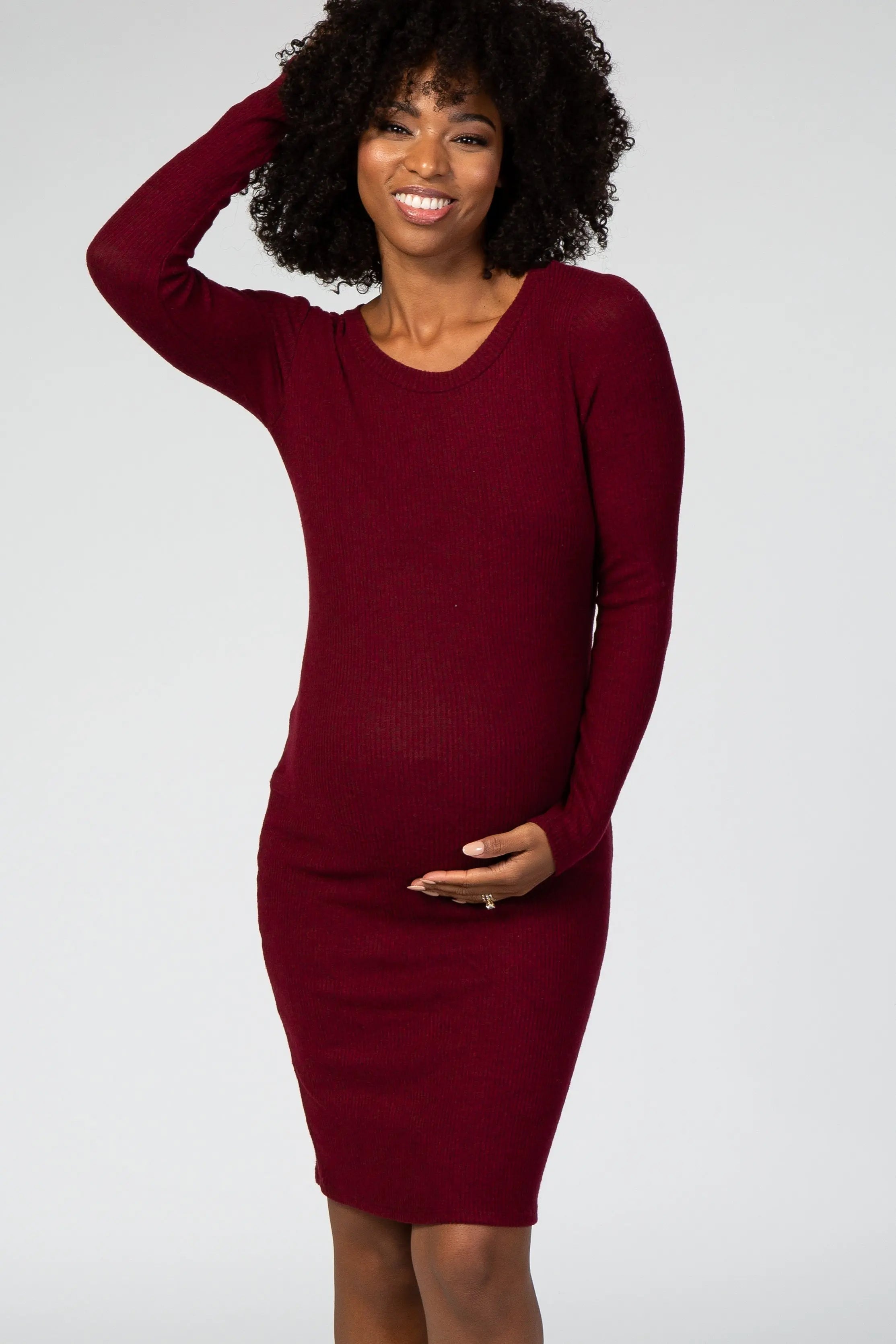 Burgundy Knit Long Sleeve Maternity Sweater Dress For Pregnancy PinkBlush