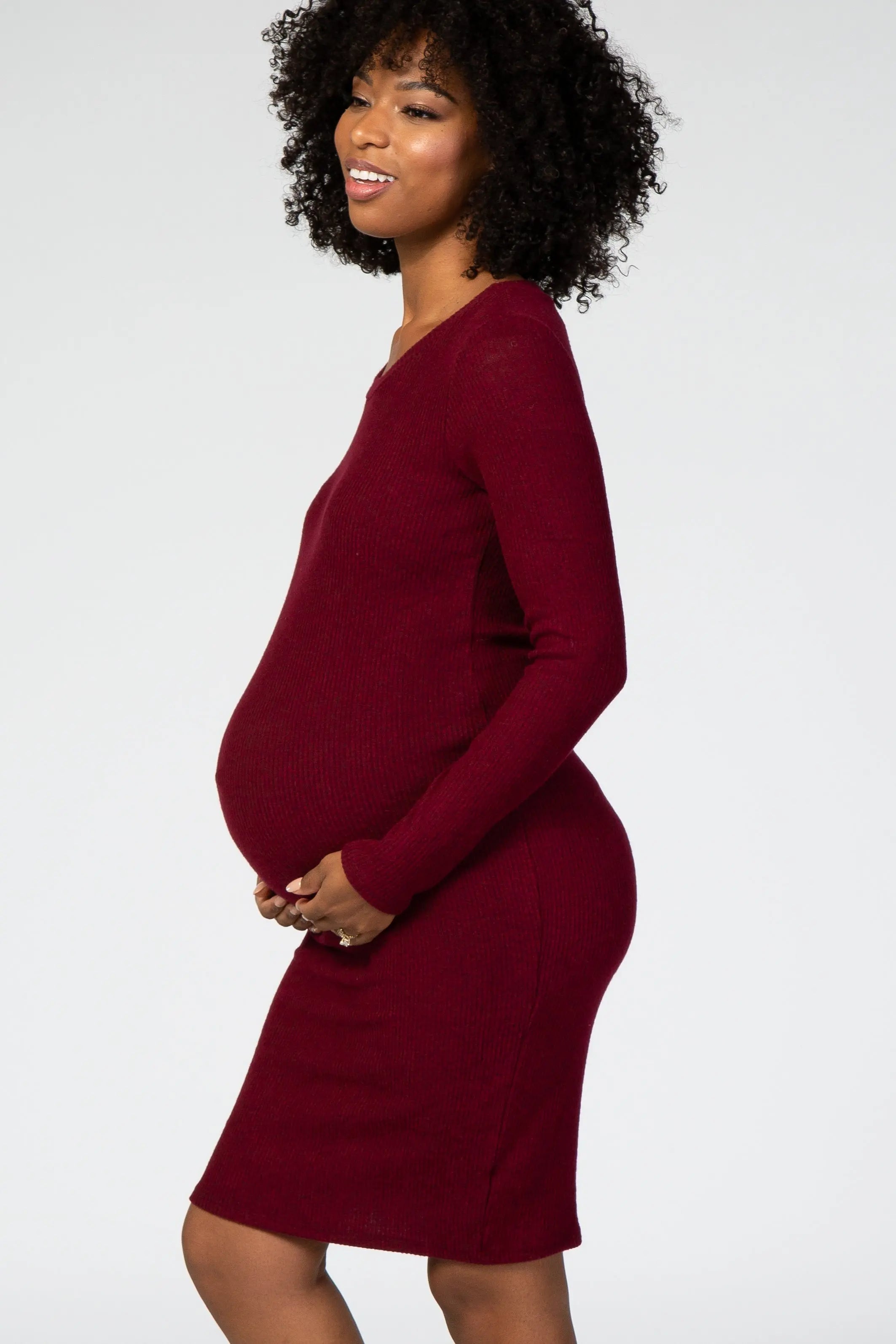 Burgundy Knit Long Sleeve Maternity Sweater Dress For Pregnancy PinkBlush