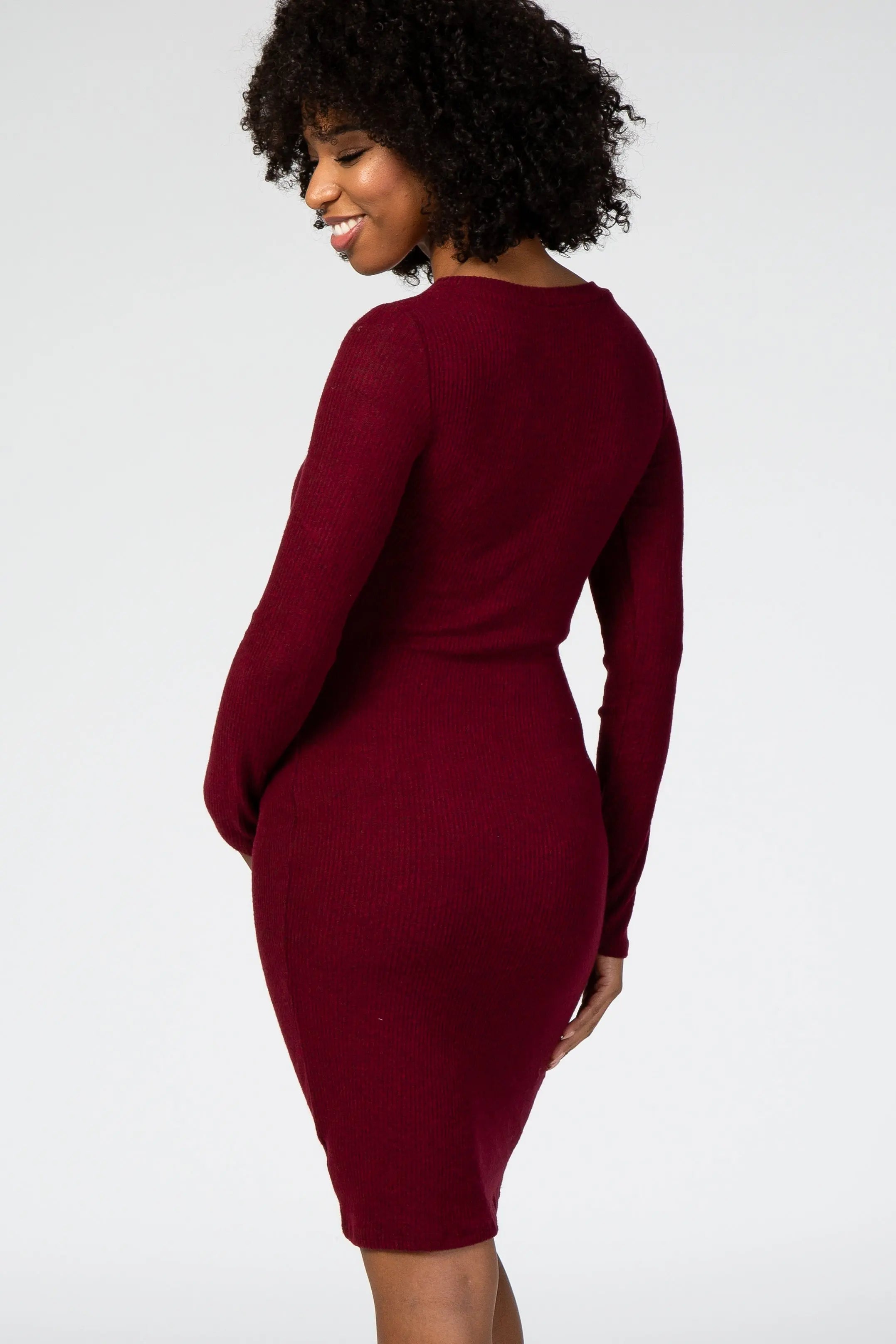 Burgundy Knit Long Sleeve Maternity Sweater Dress For Pregnancy PinkBlush