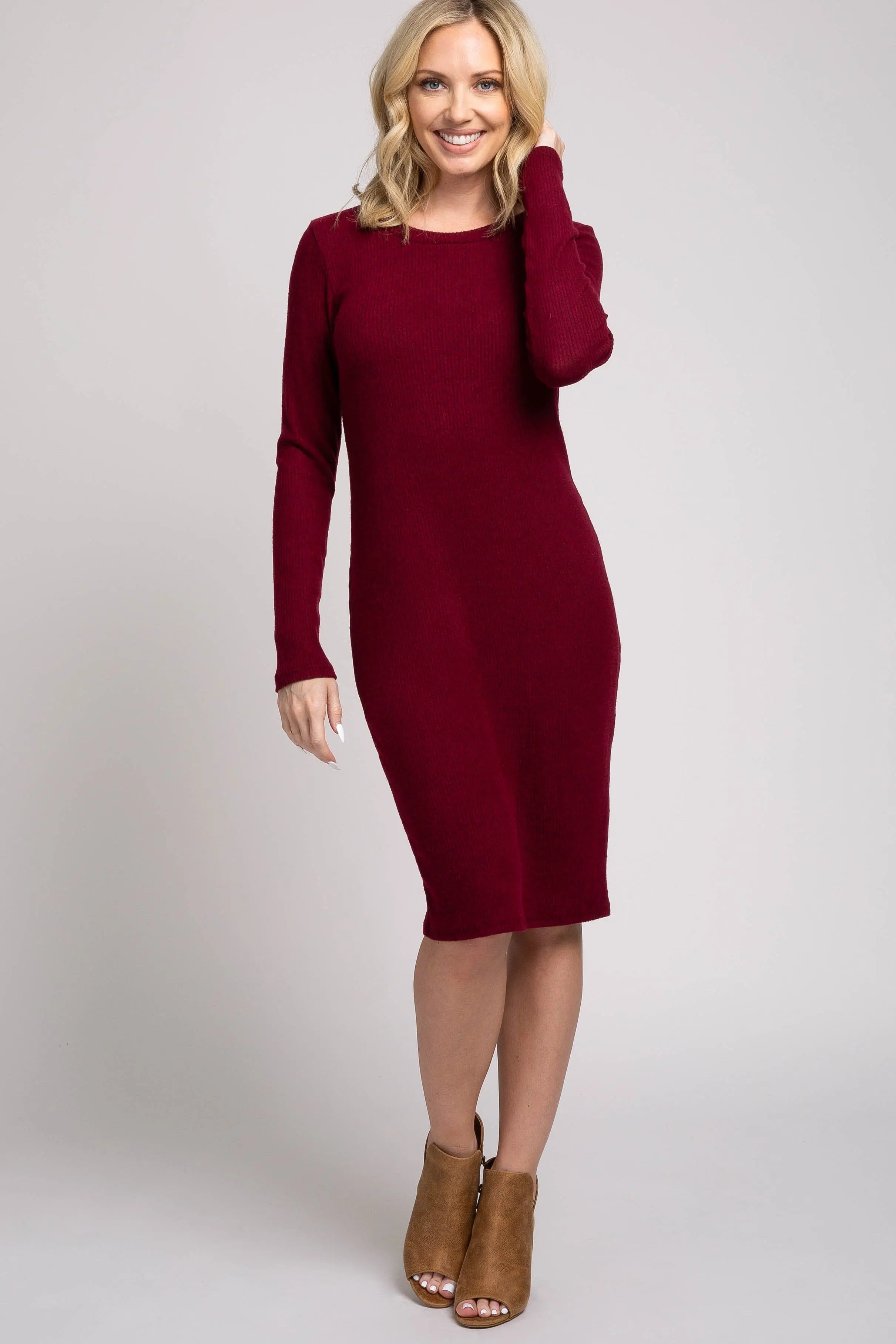 Burgundy Knit Long Sleeve Maternity Sweater Dress For Pregnancy PinkBlush