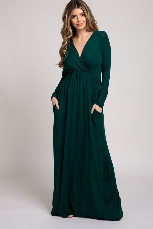 Emerald Green Long Sleeve V Neck Maxi Dress With Pockets PinkBlush