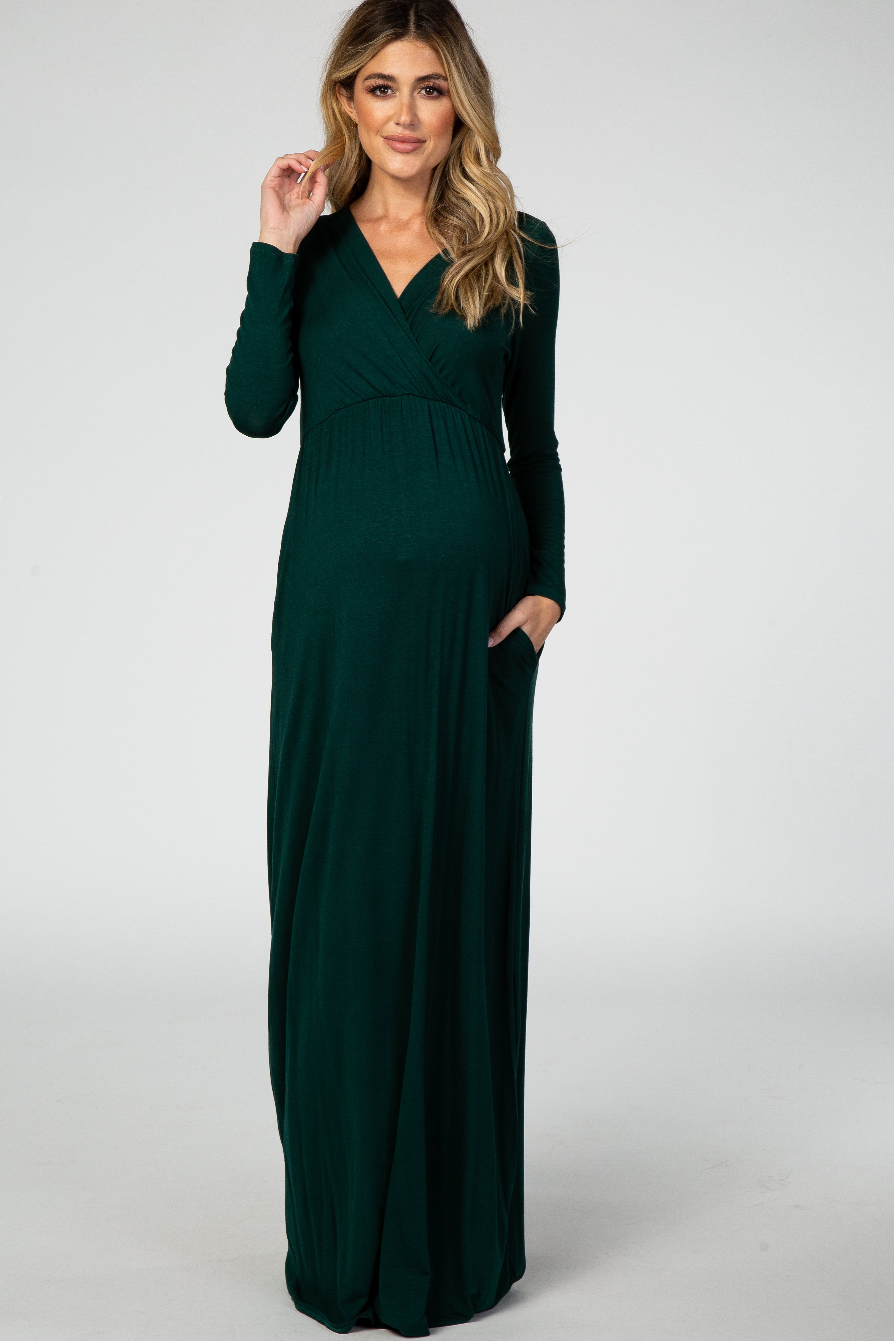 Green Long Sleeve Maternity Nursing Maxi Dress For Expecting Moms PinkBlush