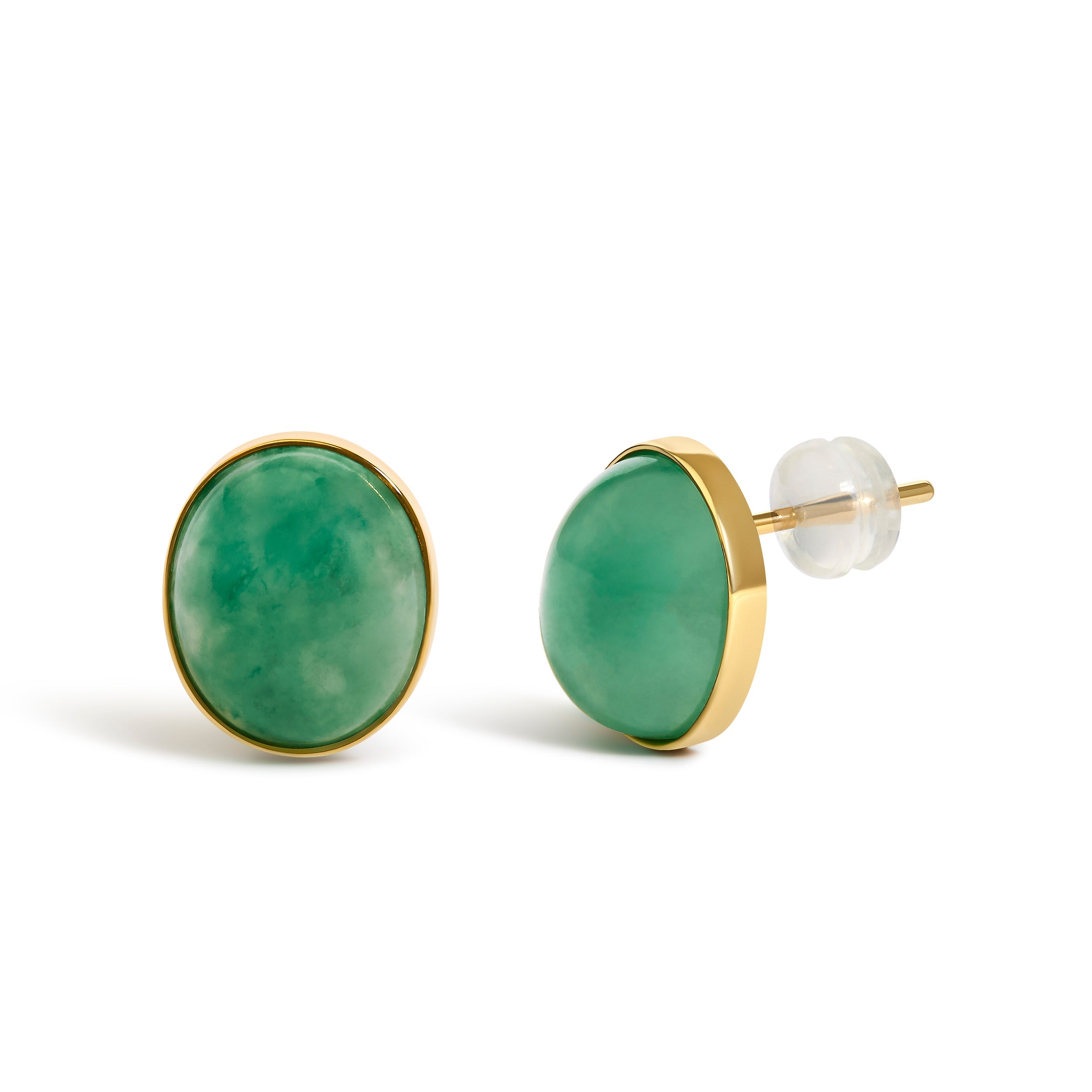 18K Yellow Gold 12x10 MM Bezel Set Oval Green Aventurine Stud Earrings