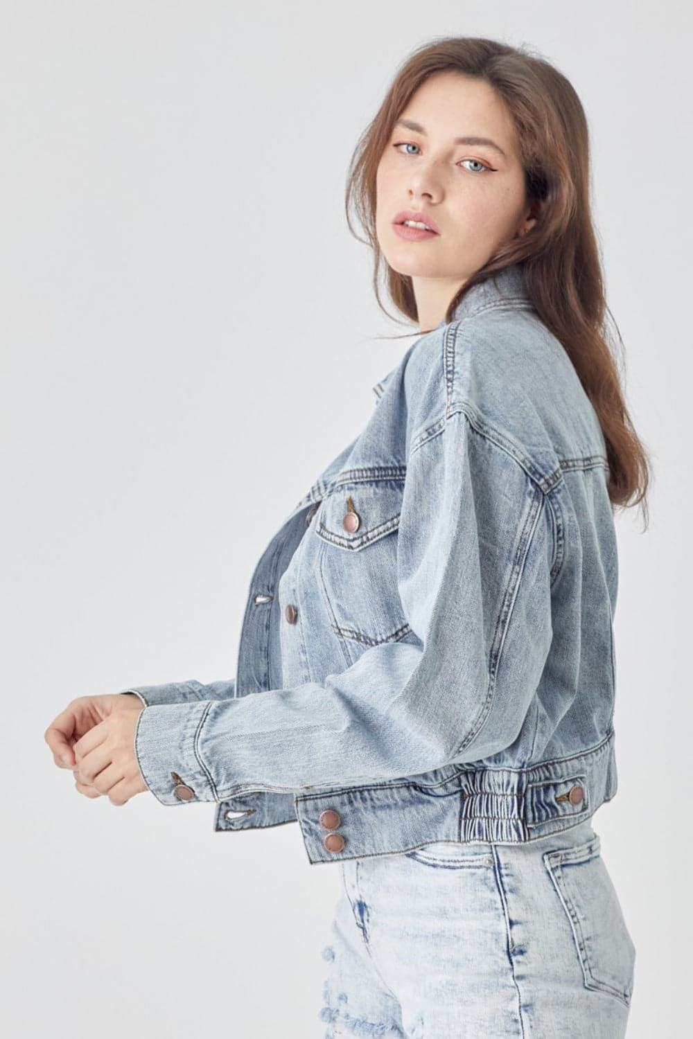 RISEN Full Size Button Down Cropped Denim Jacket.