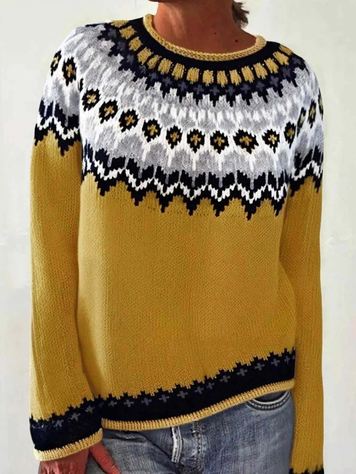 Full Size Vintage Patterned Round Neck Sweater Plus Size Simply Love