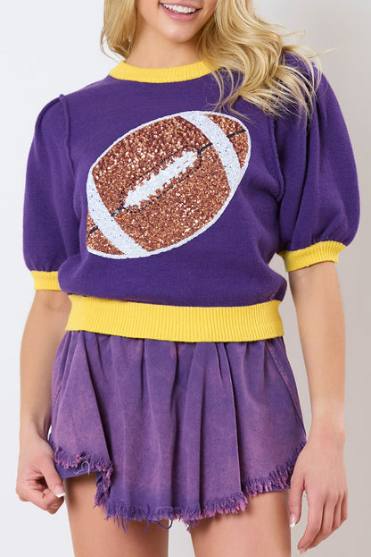 Glamorous purple sequin color block puff sleeve sweater