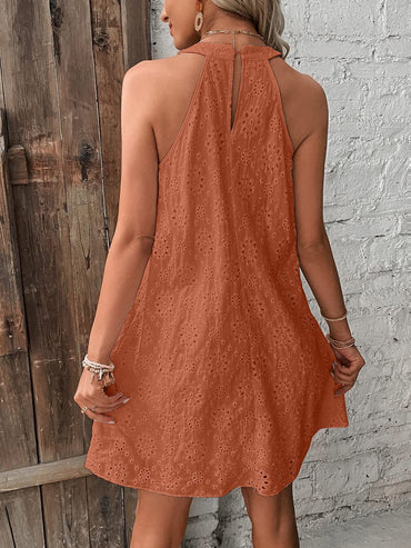 Eyelet Grecian Neck Mini Dress.